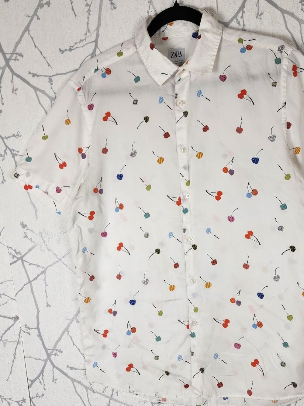 Zara White Colorful Cherry Print 100% Cotton Button Front Shirt